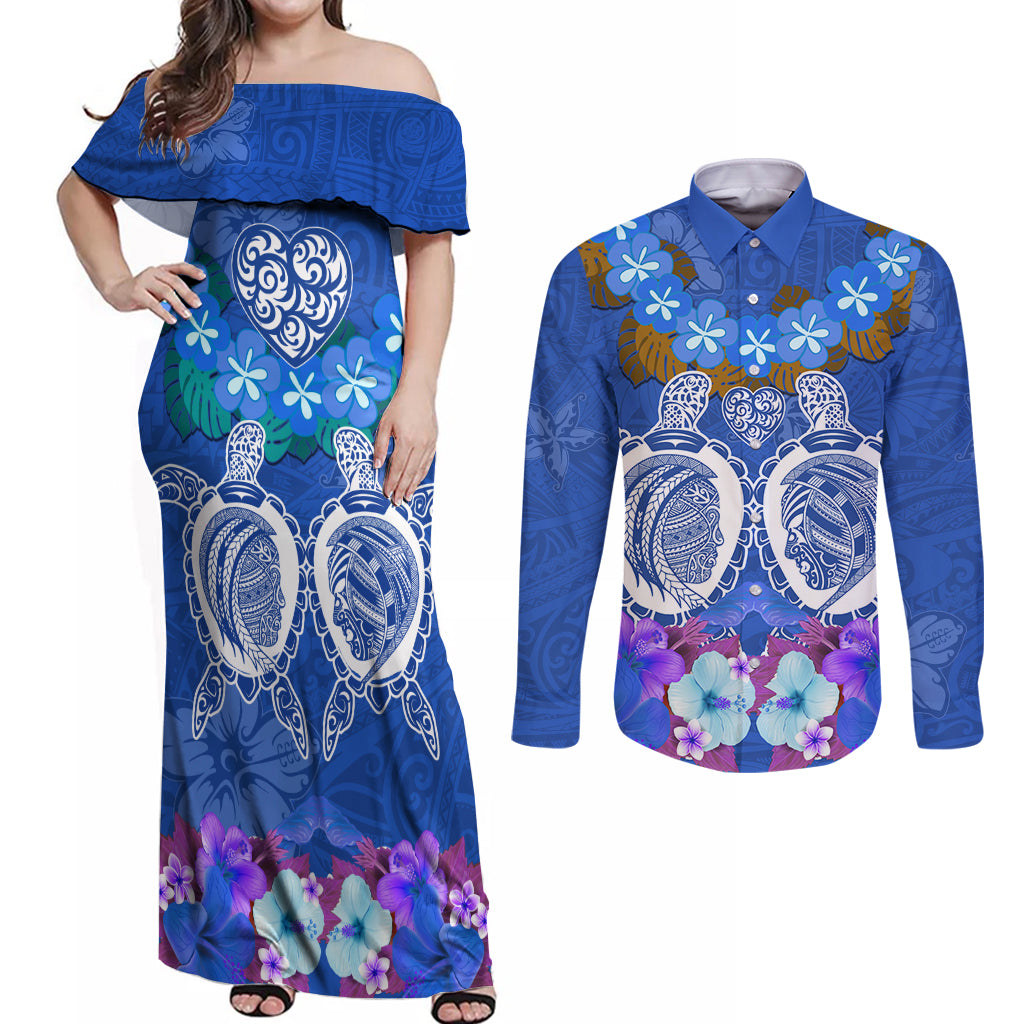 Polynesian Valentine Day Couples Matching Off Shoulder Maxi Dress and Long Sleeve Button Shirt Love Couple Turtle Maori Hibiscus Blue LT03 Blue - Polynesian Pride