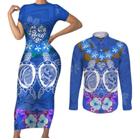 Polynesian Valentine Day Couples Matching Short Sleeve Bodycon Dress and Long Sleeve Button Shirt Love Couple Turtle Maori Hibiscus Blue LT03 Blue - Polynesian Pride