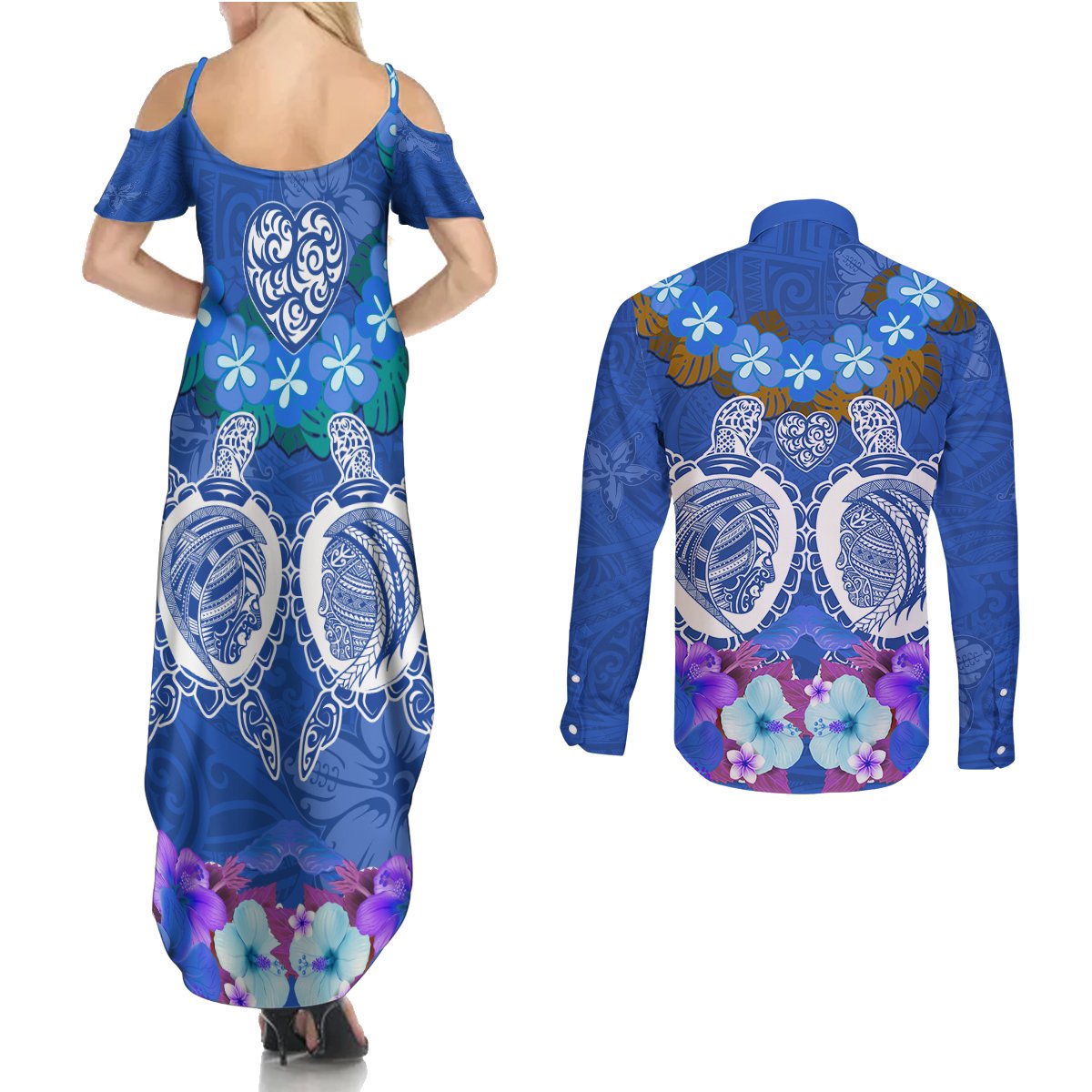Polynesian Valentine Day Couples Matching Summer Maxi Dress and Long Sleeve Button Shirt Love Couple Turtle Maori Hibiscus Blue LT03 - Polynesian Pride