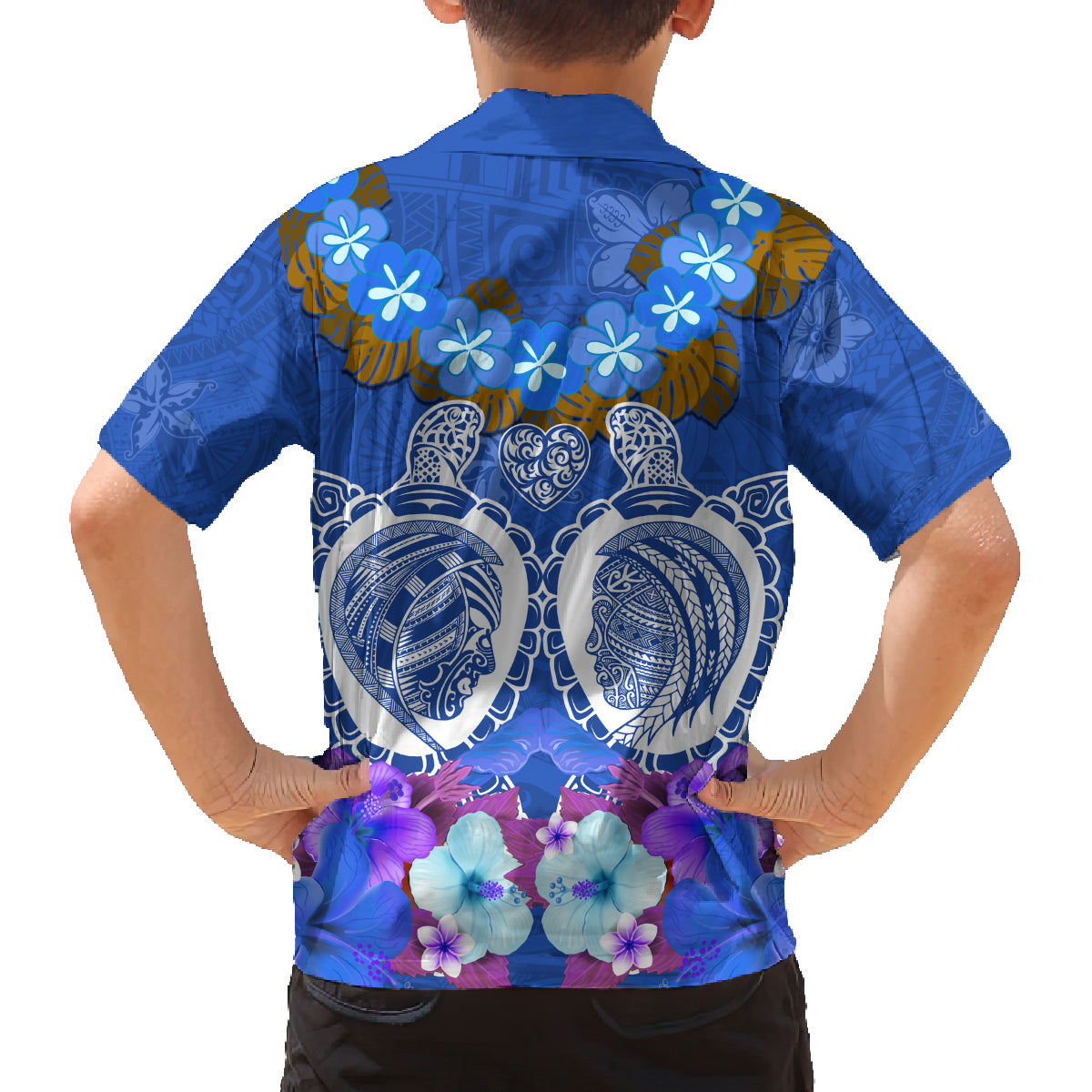 Polynesian Valentine Day Family Matching Off Shoulder Long Sleeve Dress and Hawaiian Shirt Love Couple Turtle Maori Hibiscus Blue LT03 - Polynesian Pride