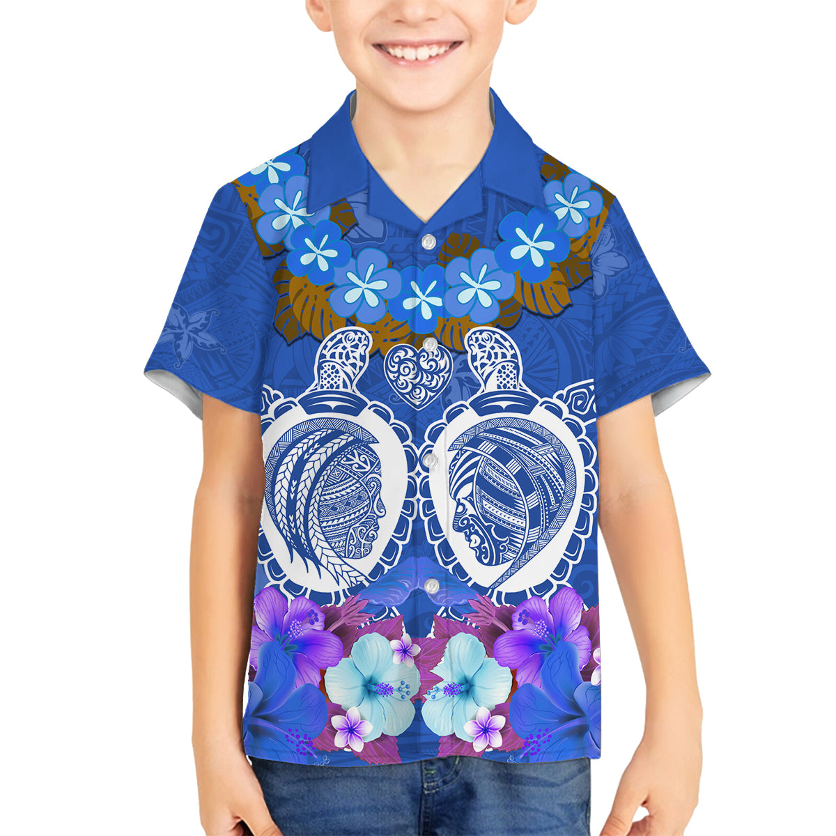 Polynesian Valentine Day Family Matching Summer Maxi Dress and Hawaiian Shirt Love Couple Turtle Maori Hibiscus Blue LT03 Son's Shirt Blue - Polynesian Pride