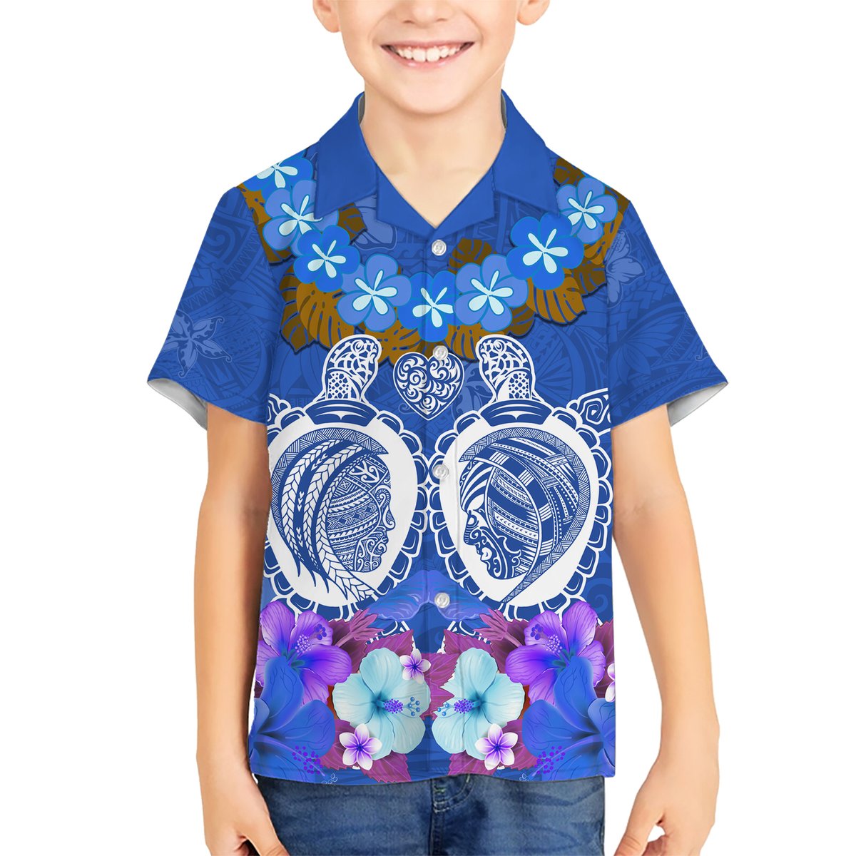 Polynesian Valentine Day Hawaiian Shirt Love Couple Turtle Maori Hibiscus Blue LT03 - Polynesian Pride