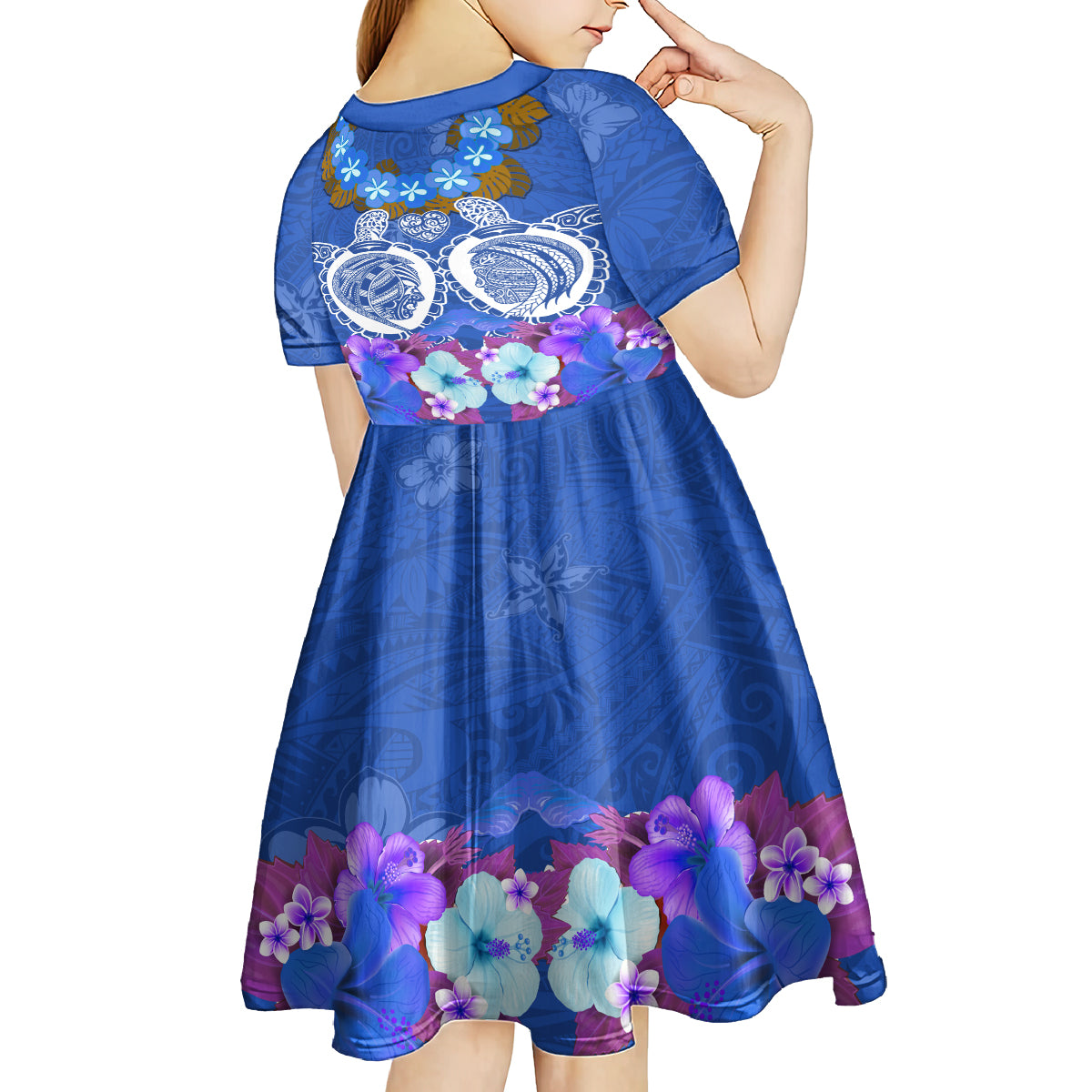 Polynesian Valentine Day Kid Short Sleeve Dress Love Couple Turtle Maori Hibiscus Blue LT03 - Polynesian Pride