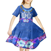 Polynesian Valentine Day Kid Short Sleeve Dress Love Couple Turtle Maori Hibiscus Blue LT03 - Polynesian Pride
