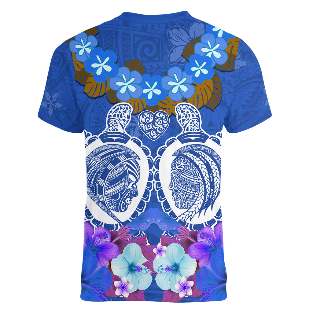 Polynesian Valentine Day Women V Neck T Shirt Love Couple Turtle Maori Hibiscus Blue LT03 - Polynesian Pride
