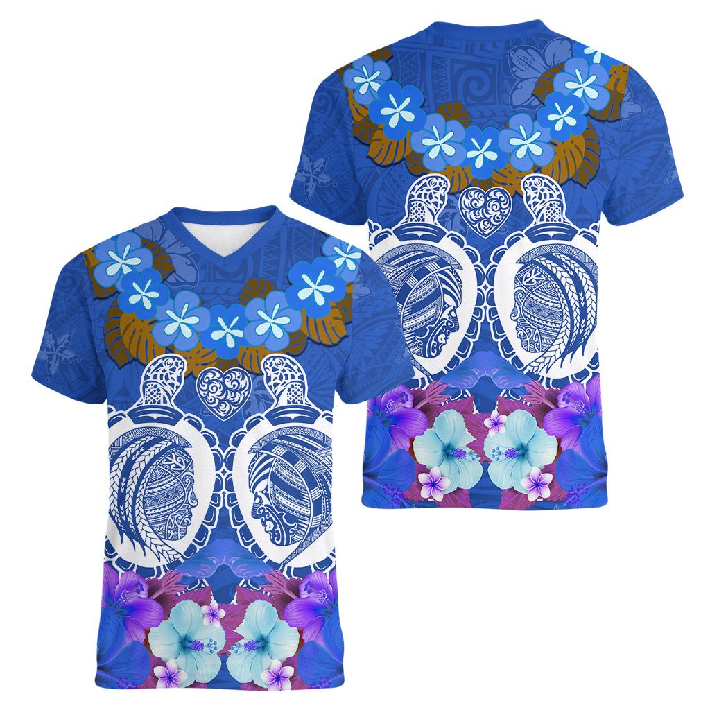 Polynesian Valentine Day Women V Neck T Shirt Love Couple Turtle Maori Hibiscus Blue LT03 - Polynesian Pride