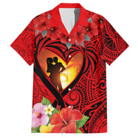 Hawaii Valentine Day Family Matching Off Shoulder Long Sleeve Dress and Hawaiian Shirt Couple on Beach mix Hibiscus and Polynesian Tattoo LT03 Dad's Shirt - Short Sleeve Red - Polynesian Pride