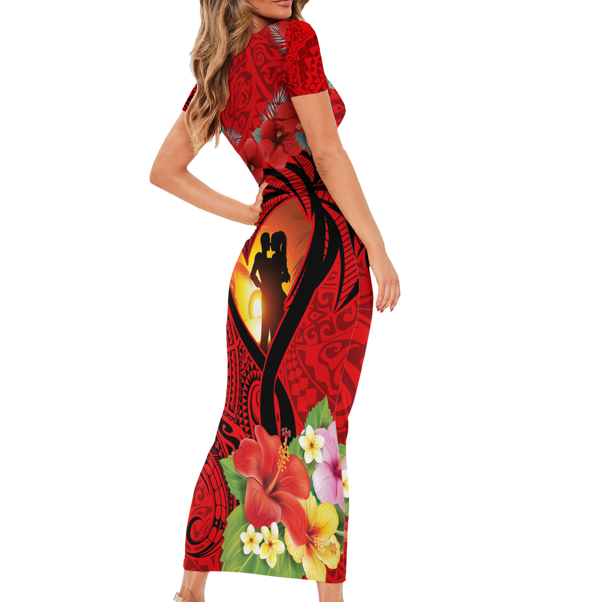Hawaii Valentine Day Family Matching Short Sleeve Bodycon Dress and Hawaiian Shirt Couple on Beach mix Hibiscus and Polynesian Tattoo LT03 - Polynesian Pride