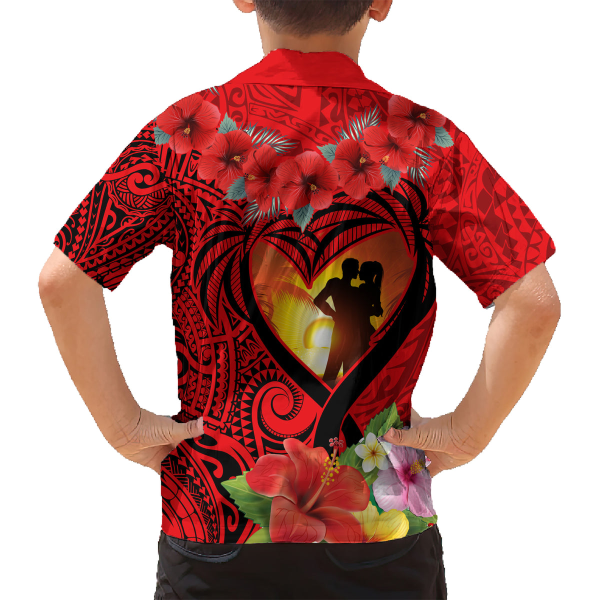Hawaii Valentine Day Kid Hawaiian Shirt Couple on Beach mix Hibiscus and Polynesian Tattoo LT03 - Polynesian Pride