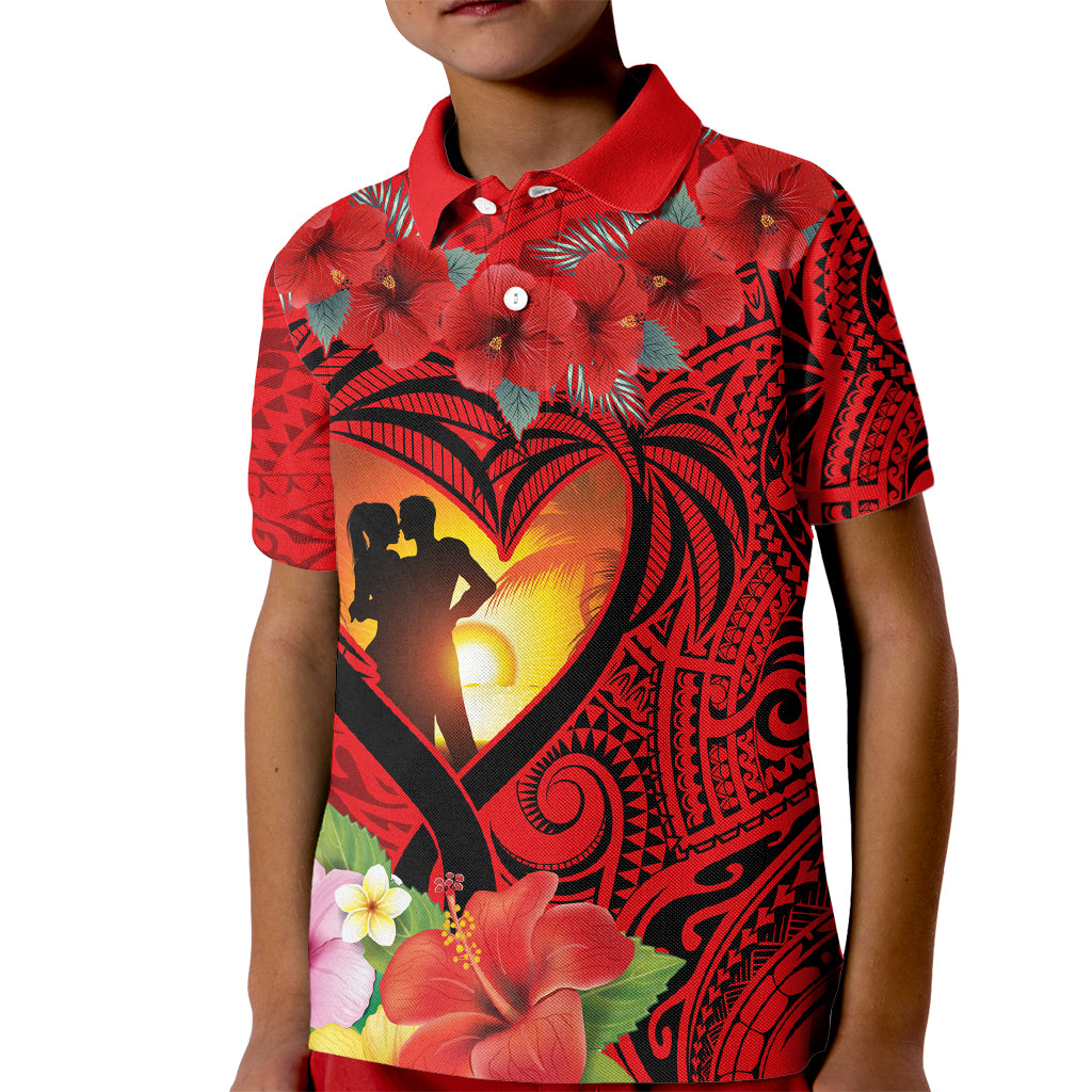 Hawaii Valentine Day Kid Polo Shirt Couple on Beach mix Hibiscus and Polynesian Tattoo LT03 Kid Red - Polynesian Pride