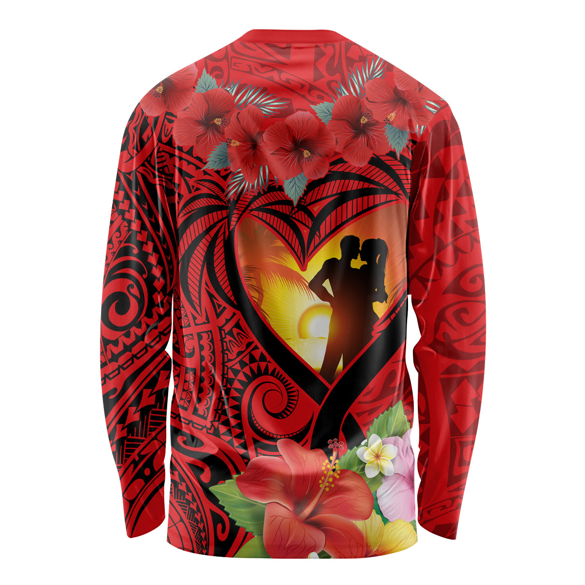 Hawaii Valentine Day Long Sleeve Shirt Couple on Beach mix Hibiscus and Polynesian Tattoo LT03 - Polynesian Pride