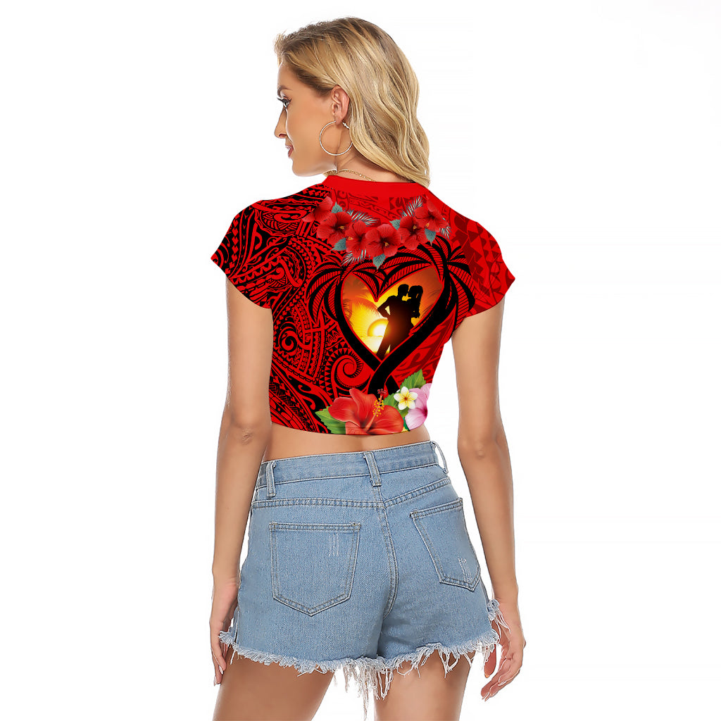 Hawaii Valentine Day Raglan Cropped T Shirt Couple on Beach mix Hibiscus and Polynesian Tattoo LT03 - Polynesian Pride