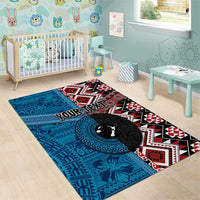 Personalised Aotearoa and Fiji Together Area Rug Melanesian Warrior and Koru - Taniko with Hibiscus Tapa Pattern