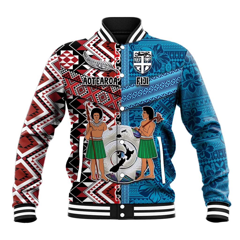 Personalised Aotearoa and Fiji Together Baseball Jacket Melanesian Warrior and Koru - Taniko with Hibiscus Tapa Pattern