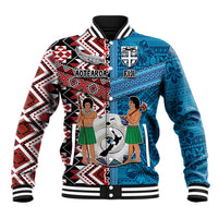 Personalised Aotearoa and Fiji Together Baseball Jacket Melanesian Warrior and Koru - Taniko with Hibiscus Tapa Pattern