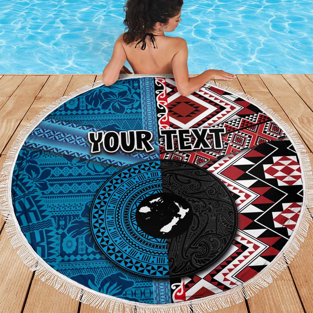 Personalised Aotearoa and Fiji Together Beach Blanket Melanesian Warrior and Koru - Taniko with Hibiscus Tapa Pattern