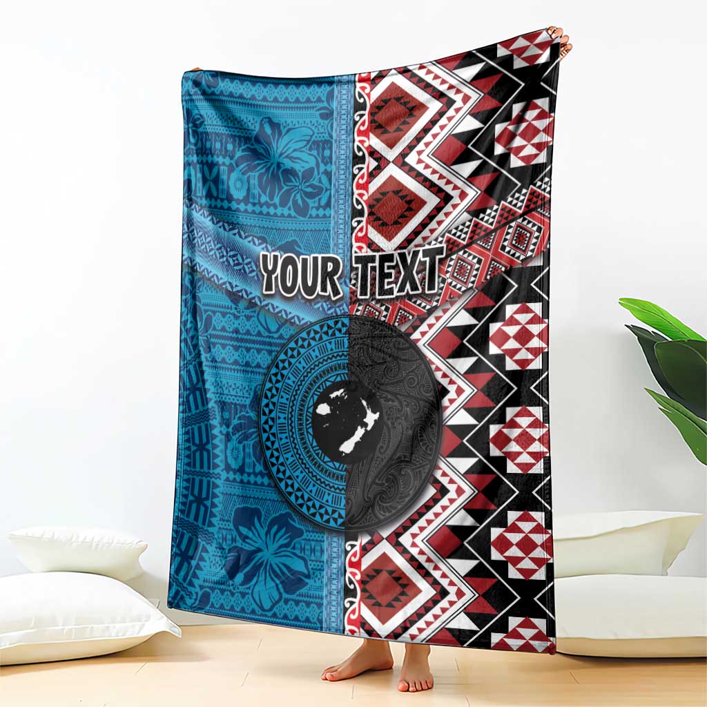Personalised Aotearoa and Fiji Together Blanket Melanesian Warrior and Koru - Taniko with Hibiscus Tapa Pattern LT03 - Polynesian Pride
