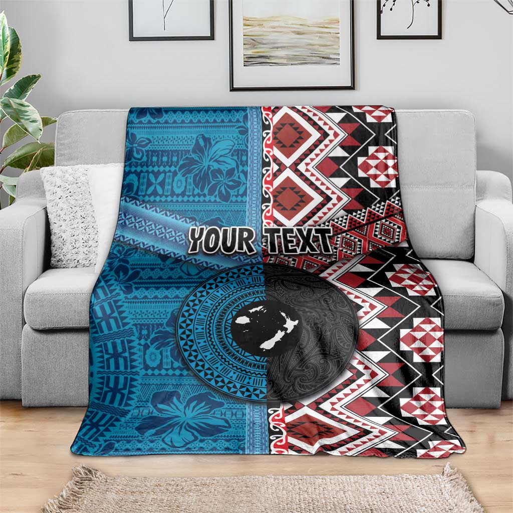 Personalised Aotearoa and Fiji Together Blanket Melanesian Warrior and Koru - Taniko with Hibiscus Tapa Pattern LT03 - Polynesian Pride