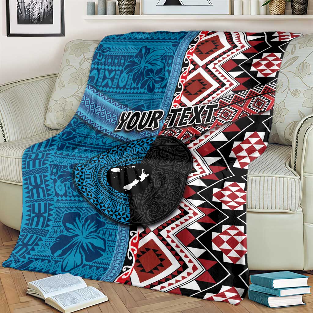 Personalised Aotearoa and Fiji Together Blanket Melanesian Warrior and Koru - Taniko with Hibiscus Tapa Pattern LT03 - Polynesian Pride