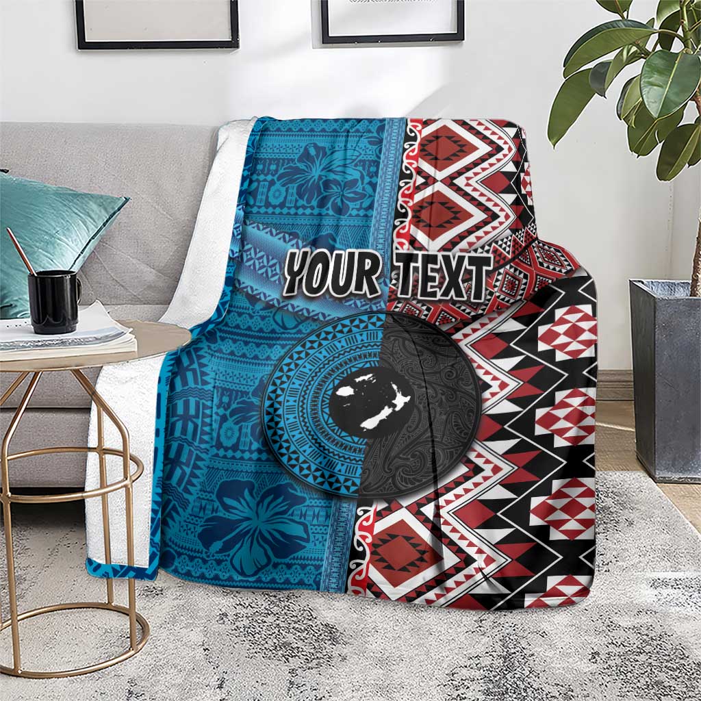 Personalised Aotearoa and Fiji Together Blanket Melanesian Warrior and Koru - Taniko with Hibiscus Tapa Pattern LT03 - Polynesian Pride