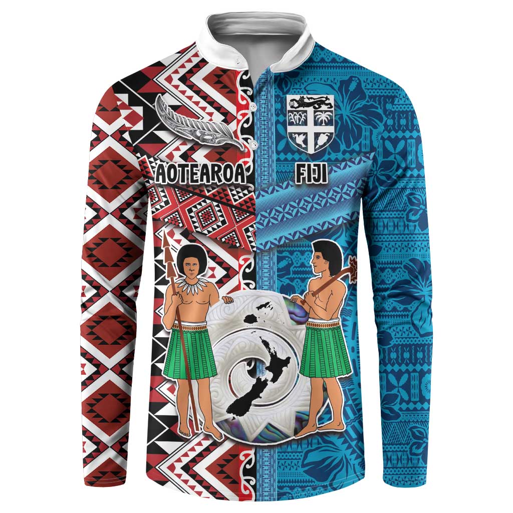 Personalised Aotearoa and Fiji Together Button Sweatshirt Melanesian Warrior and Koru - Taniko with Hibiscus Tapa Pattern