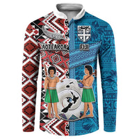 Personalised Aotearoa and Fiji Together Button Sweatshirt Melanesian Warrior and Koru - Taniko with Hibiscus Tapa Pattern