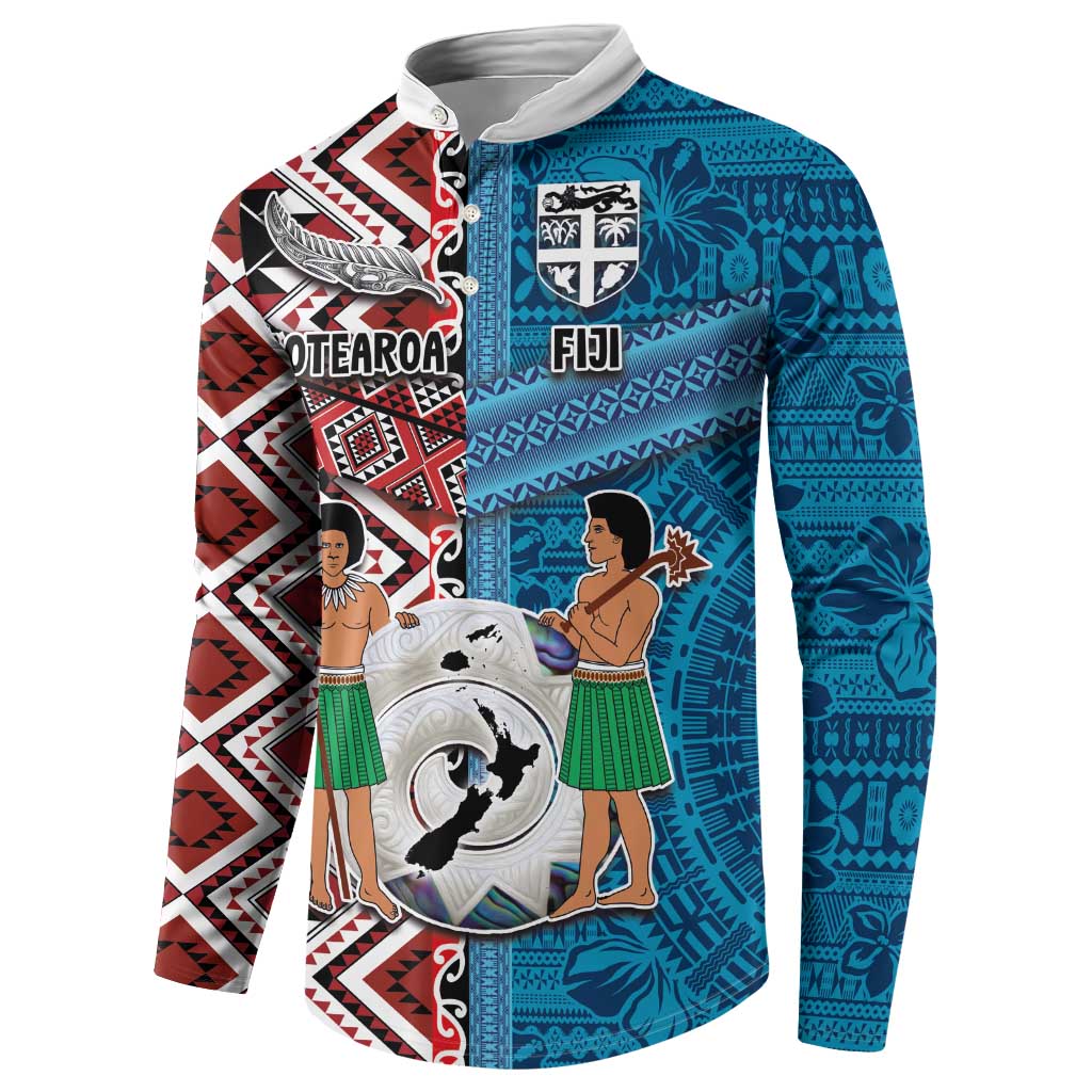Personalised Aotearoa and Fiji Together Button Sweatshirt Melanesian Warrior and Koru - Taniko with Hibiscus Tapa Pattern