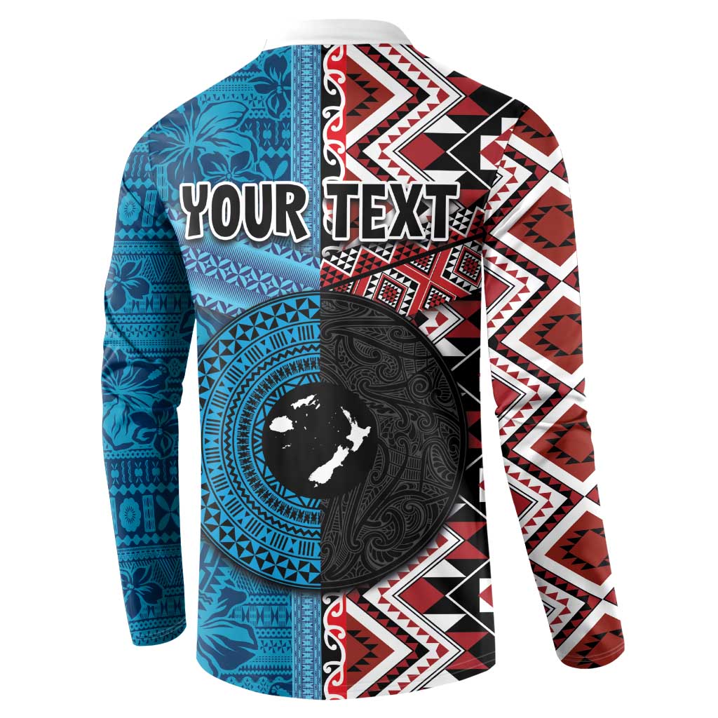 Personalised Aotearoa and Fiji Together Button Sweatshirt Melanesian Warrior and Koru - Taniko with Hibiscus Tapa Pattern