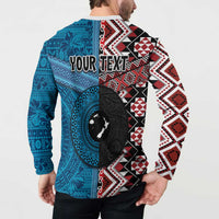 Personalised Aotearoa and Fiji Together Button Sweatshirt Melanesian Warrior and Koru - Taniko with Hibiscus Tapa Pattern