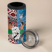 Personalised Aotearoa and Fiji Together 4 in 1 Can Cooler Tumbler Melanesian Warrior and Koru - Taniko with Hibiscus Tapa Pattern