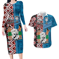 Personalised Aotearoa and Fiji Together Couples Matching Long Sleeve Bodycon Dress and Hawaiian Shirt Melanesian Warrior and Koru - Taniko with Hibiscus Tapa Pattern LT03 Blue - Polynesian Pride