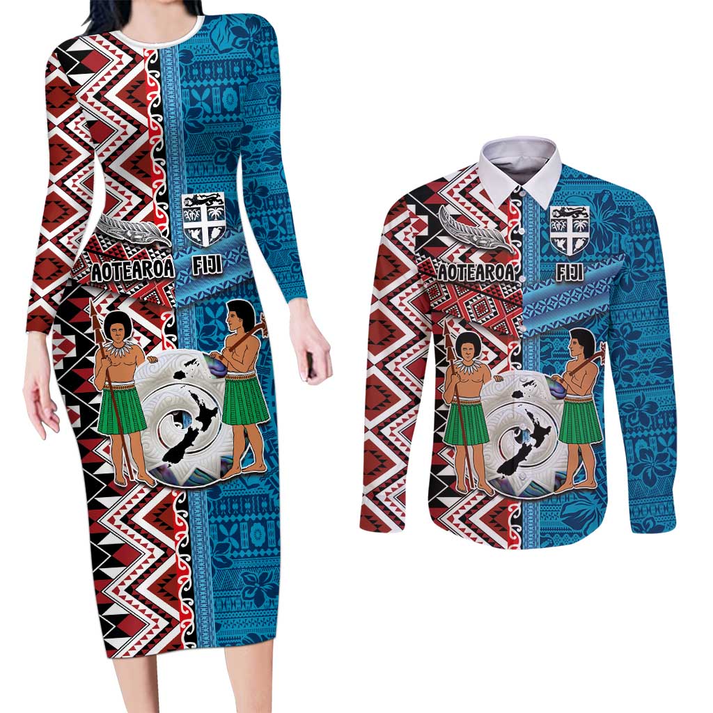 Personalised Aotearoa and Fiji Together Couples Matching Long Sleeve Bodycon Dress and Long Sleeve Button Shirt Melanesian Warrior and Koru - Taniko with Hibiscus Tapa Pattern LT03 Blue - Polynesian Pride