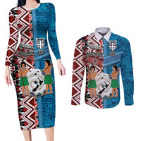 Personalised Aotearoa and Fiji Together Couples Matching Long Sleeve Bodycon Dress and Long Sleeve Button Shirt Melanesian Warrior and Koru - Taniko with Hibiscus Tapa Pattern LT03 Blue - Polynesian Pride