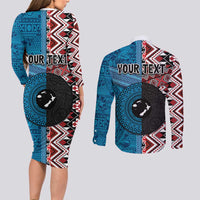 Personalised Aotearoa and Fiji Together Couples Matching Long Sleeve Bodycon Dress and Long Sleeve Button Shirt Melanesian Warrior and Koru - Taniko with Hibiscus Tapa Pattern LT03 - Polynesian Pride