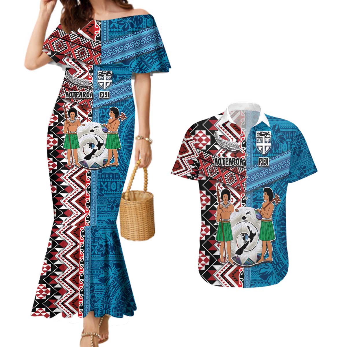 Personalised Aotearoa and Fiji Together Couples Matching Mermaid Dress and Hawaiian Shirt Melanesian Warrior and Koru - Taniko with Hibiscus Tapa Pattern LT03 Blue - Polynesian Pride