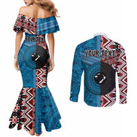 Personalised Aotearoa and Fiji Together Couples Matching Mermaid Dress and Long Sleeve Button Shirt Melanesian Warrior and Koru - Taniko with Hibiscus Tapa Pattern LT03 - Polynesian Pride
