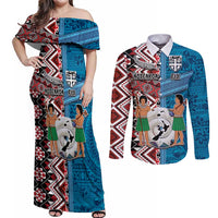 Personalised Aotearoa and Fiji Together Couples Matching Off Shoulder Maxi Dress and Long Sleeve Button Shirt Melanesian Warrior and Koru - Taniko with Hibiscus Tapa Pattern LT03 Blue - Polynesian Pride