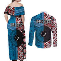 Personalised Aotearoa and Fiji Together Couples Matching Off Shoulder Maxi Dress and Long Sleeve Button Shirt Melanesian Warrior and Koru - Taniko with Hibiscus Tapa Pattern LT03 - Polynesian Pride
