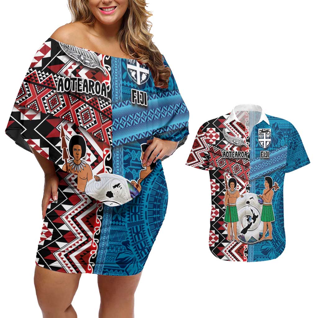 Personalised Aotearoa and Fiji Together Couples Matching Off Shoulder Short Dress and Hawaiian Shirt Melanesian Warrior and Koru - Taniko with Hibiscus Tapa Pattern LT03 Blue - Polynesian Pride