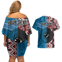 Personalised Aotearoa and Fiji Together Couples Matching Off Shoulder Short Dress and Hawaiian Shirt Melanesian Warrior and Koru - Taniko with Hibiscus Tapa Pattern LT03 - Polynesian Pride