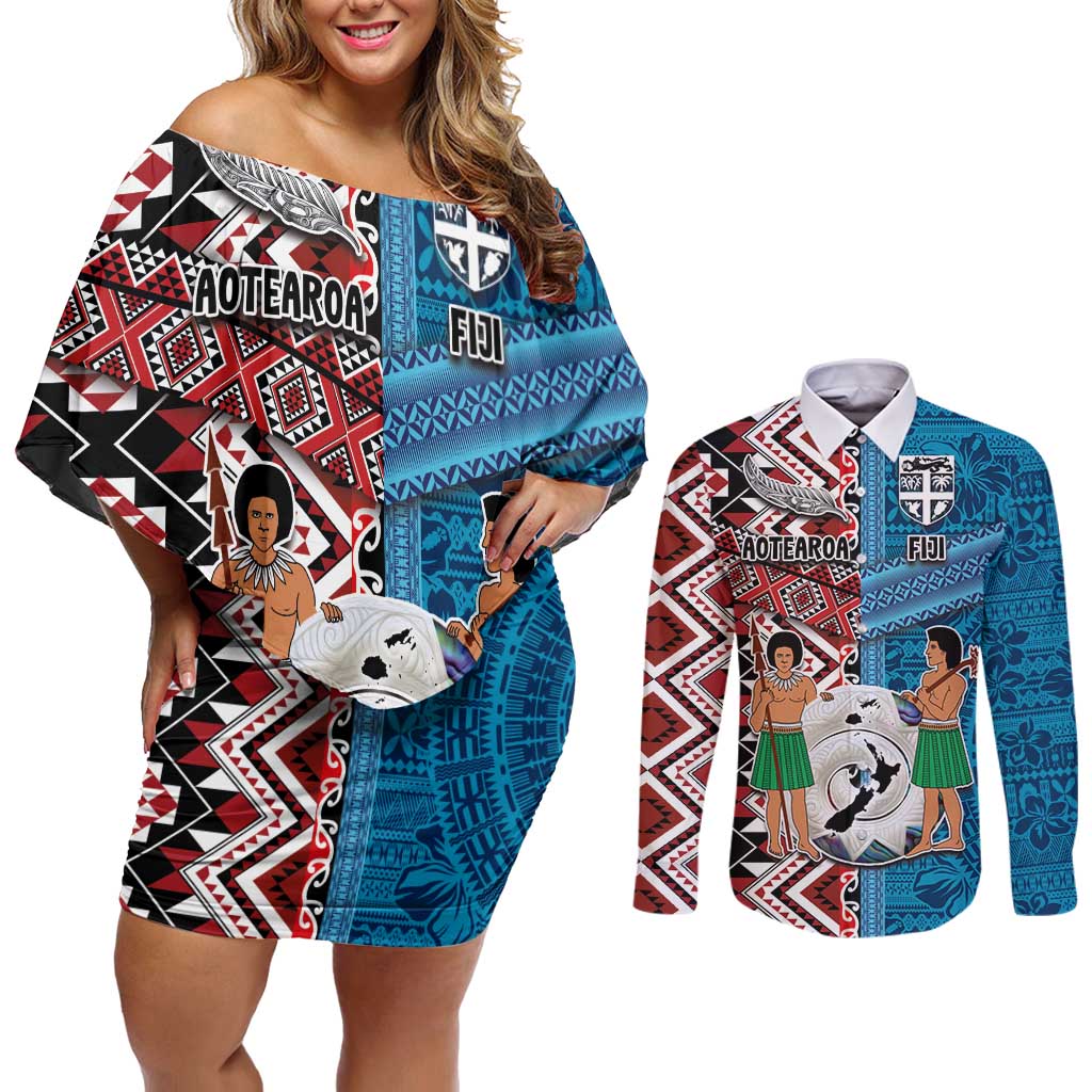 Personalised Aotearoa and Fiji Together Couples Matching Off Shoulder Short Dress and Long Sleeve Button Shirt Melanesian Warrior and Koru - Taniko with Hibiscus Tapa Pattern LT03 Blue - Polynesian Pride