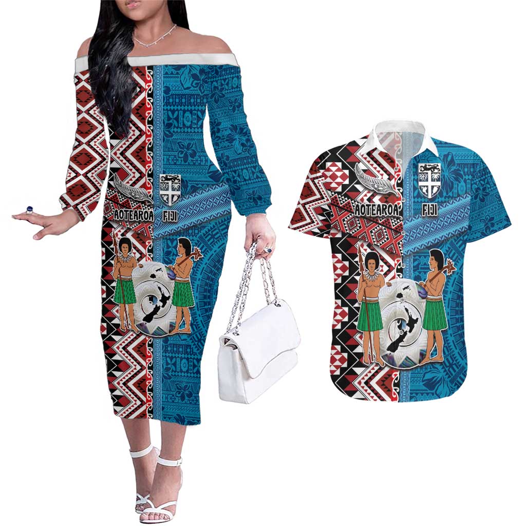 Personalised Aotearoa and Fiji Together Couples Matching Off The Shoulder Long Sleeve Dress and Hawaiian Shirt Melanesian Warrior and Koru - Taniko with Hibiscus Tapa Pattern LT03 Blue - Polynesian Pride