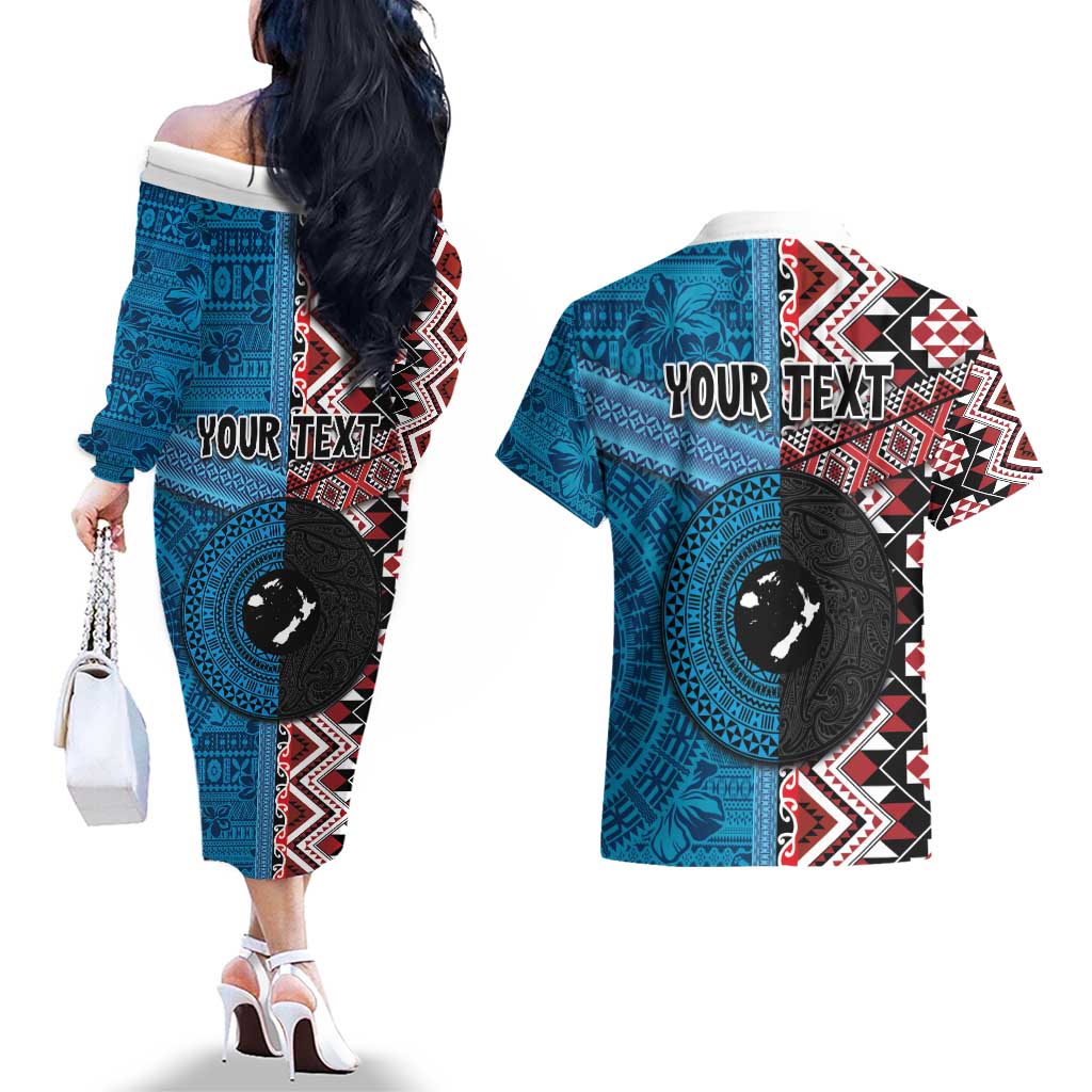 Personalised Aotearoa and Fiji Together Couples Matching Off The Shoulder Long Sleeve Dress and Hawaiian Shirt Melanesian Warrior and Koru - Taniko with Hibiscus Tapa Pattern LT03 - Polynesian Pride
