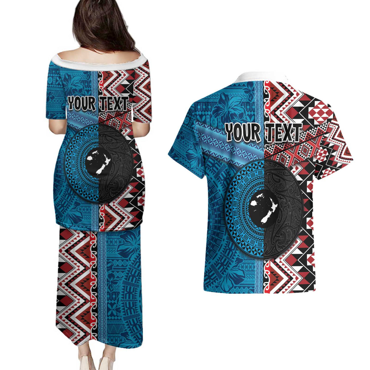 Personalised Aotearoa and Fiji Together Couples Matching Puletasi and Hawaiian Shirt Melanesian Warrior and Koru - Taniko with Hibiscus Tapa Pattern LT03 - Polynesian Pride