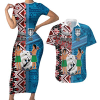 Personalised Aotearoa and Fiji Together Couples Matching Short Sleeve Bodycon Dress and Hawaiian Shirt Melanesian Warrior and Koru - Taniko with Hibiscus Tapa Pattern LT03 Blue - Polynesian Pride