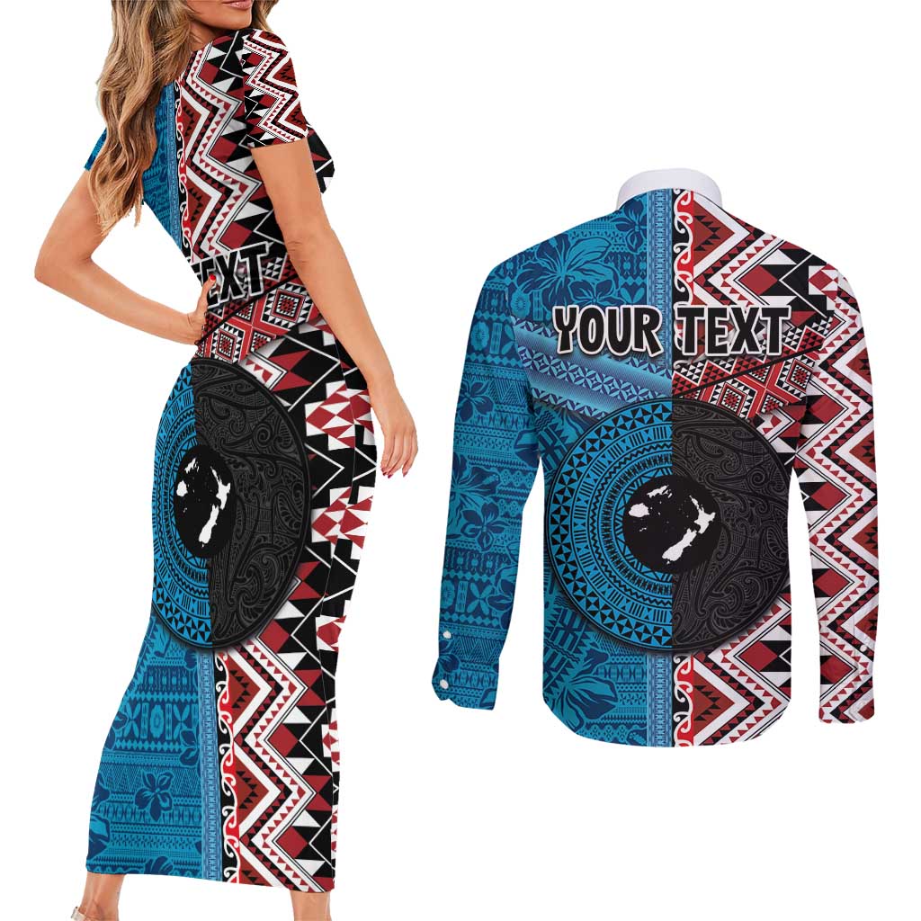 Personalised Aotearoa and Fiji Together Couples Matching Short Sleeve Bodycon Dress and Long Sleeve Button Shirt Melanesian Warrior and Koru - Taniko with Hibiscus Tapa Pattern LT03 - Polynesian Pride