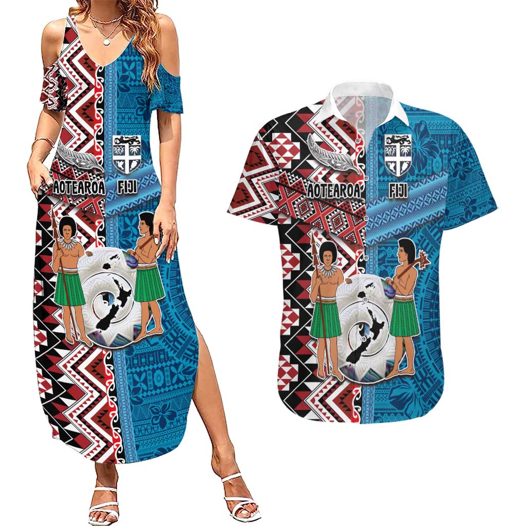 Personalised Aotearoa and Fiji Together Couples Matching Summer Maxi Dress and Hawaiian Shirt Melanesian Warrior and Koru - Taniko with Hibiscus Tapa Pattern LT03 Blue - Polynesian Pride