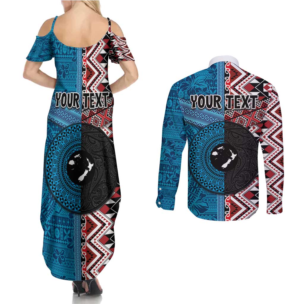 Personalised Aotearoa and Fiji Together Couples Matching Summer Maxi Dress and Long Sleeve Button Shirt Melanesian Warrior and Koru - Taniko with Hibiscus Tapa Pattern LT03 - Polynesian Pride