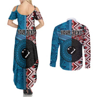Personalised Aotearoa and Fiji Together Couples Matching Summer Maxi Dress and Long Sleeve Button Shirt Melanesian Warrior and Koru - Taniko with Hibiscus Tapa Pattern LT03 - Polynesian Pride
