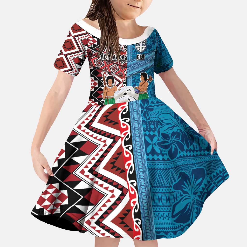 Personalised Aotearoa and Fiji Together Family Matching Long Sleeve Bodycon Dress and Hawaiian Shirt Melanesian Warrior and Koru - Taniko with Hibiscus Tapa Pattern LT03 Daughter's Dress Blue - Polynesian Pride